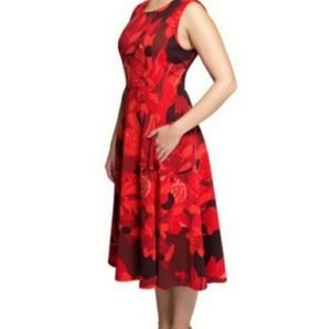 Slvls RoundNeck Black Floral Silhouette Midi SheathDress Red